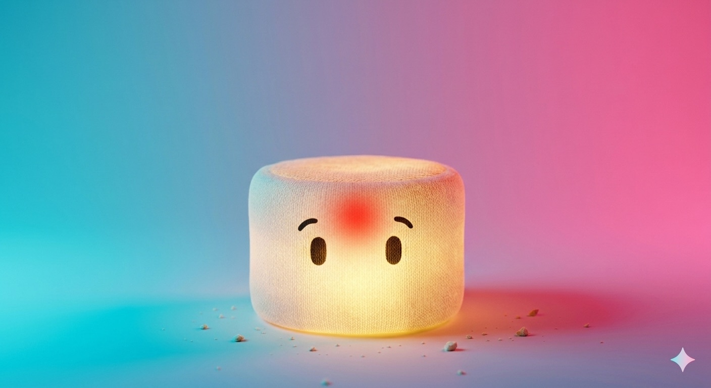 Curiosa, la mascota de chalkforge: un malvavisco luminoso con la nariz encendida sobre un fondo degradado azul y rosa